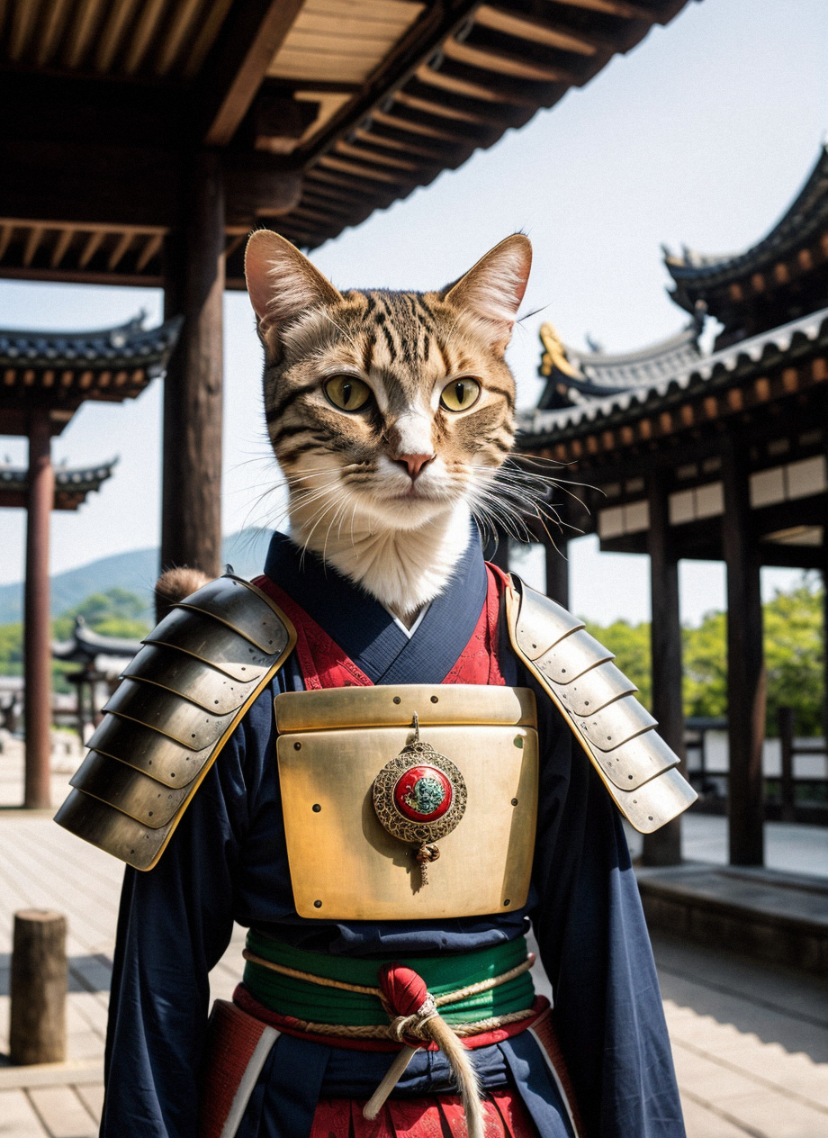 00988-649394594-An ancient anthropomorphic cat samurai using an ancient samurai armor, photography, beautiful, bokeh temple background, colorful.png